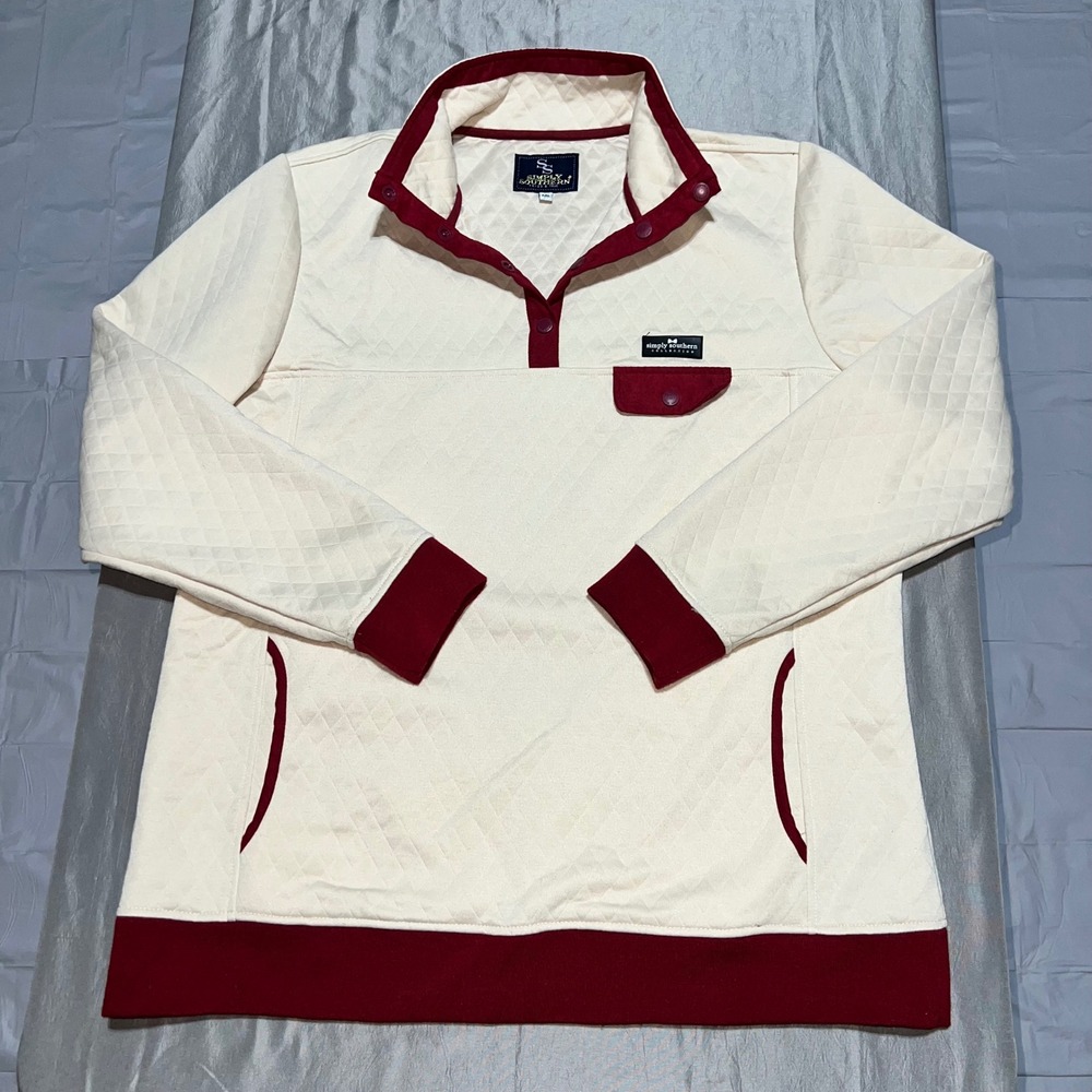 Simply Southern Quilted Snap Pullover Cream Burgundy XXL Diamond Quilt Mock Neck